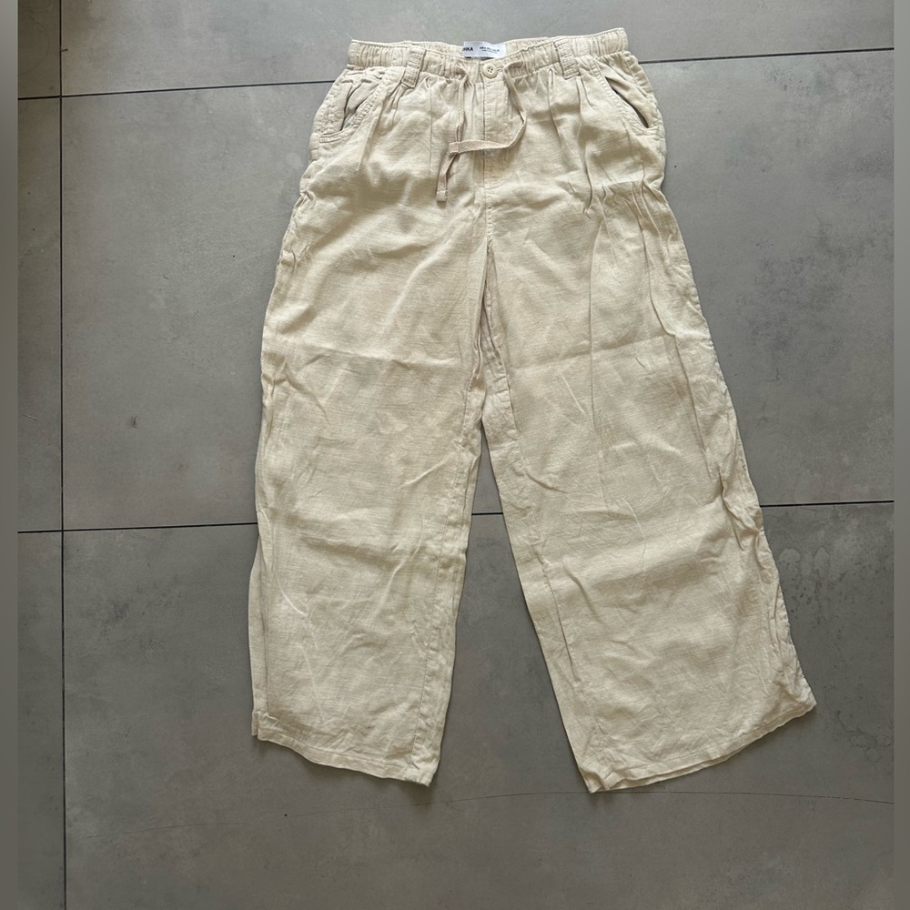 Bershka Cream Linen And Cotton Pants Relaxed Fit